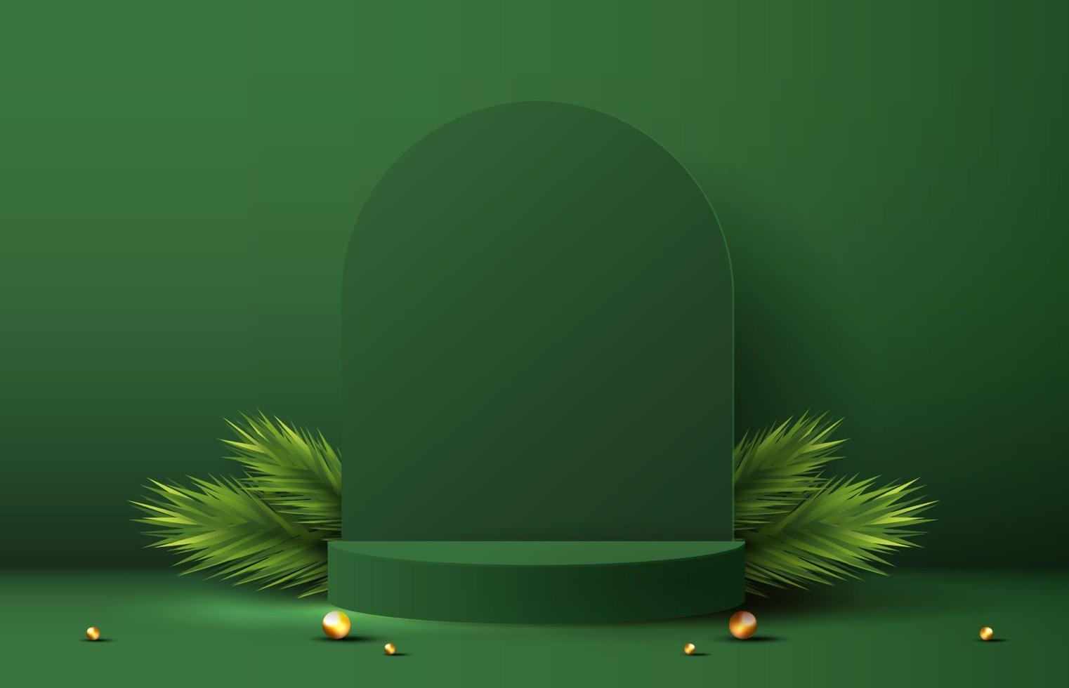 Podium shape for show cosmetic product display for Christmas day or New Years. Stand product showcase on green background with tree christmas. vector design.