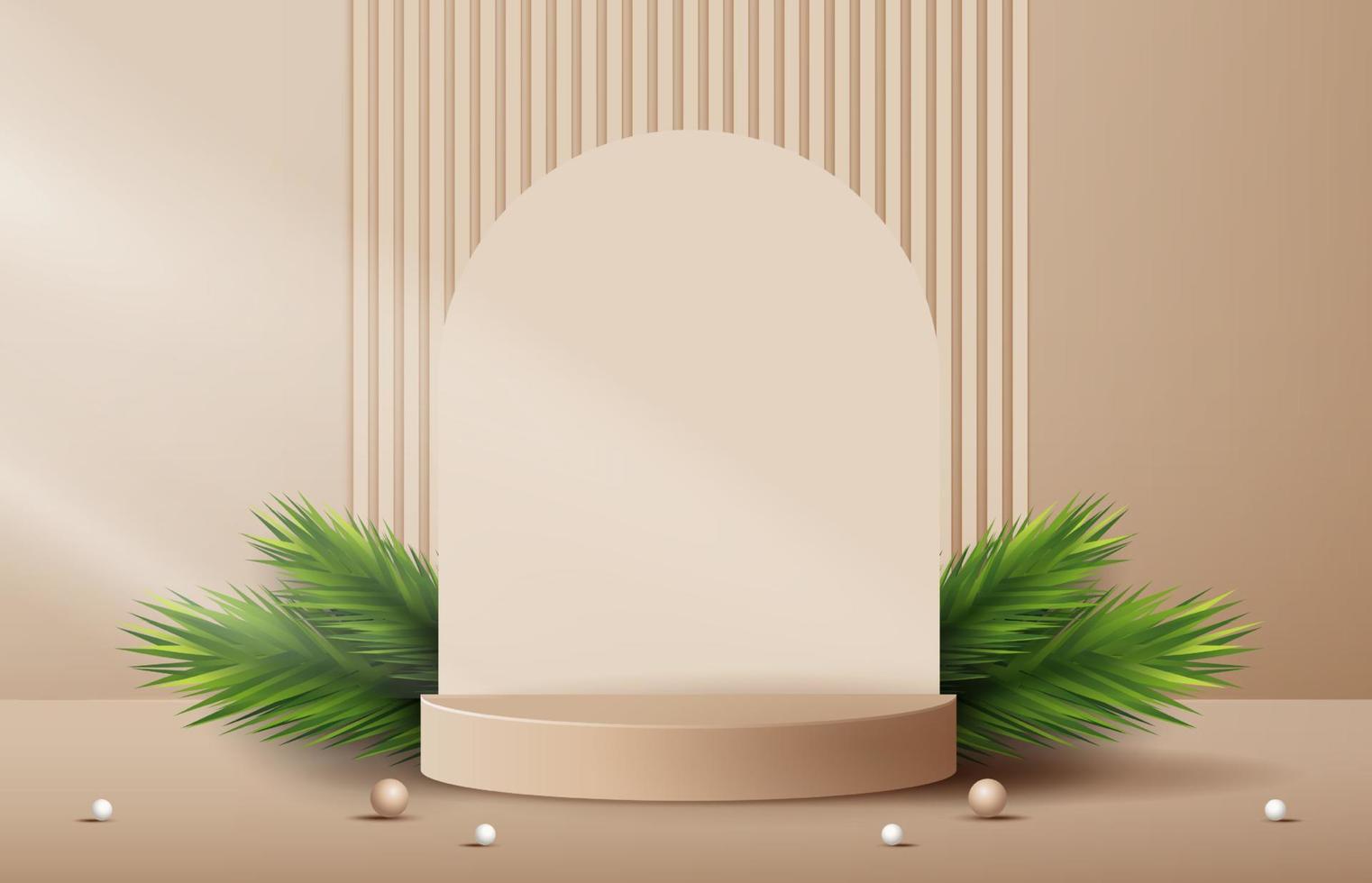 Podium shape for show cosmetic product display for Christmas day or New Years. Stand product showcase on brown background with tree christmas. vector design