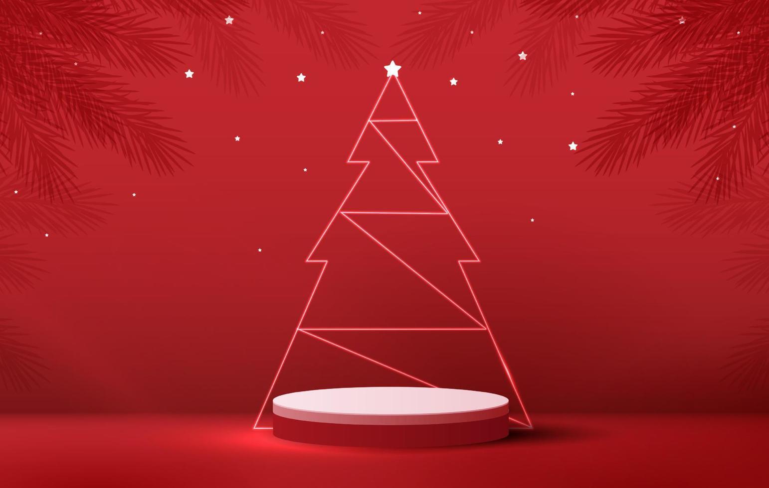 Podium shape for show cosmetic product display for Christmas day or New Years. Stand product showcase on red background with tree christmas. vector design.