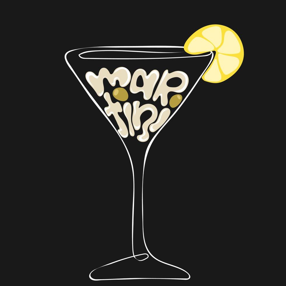 Hand drawn glass of martini with lemon and olives and lettering text vector