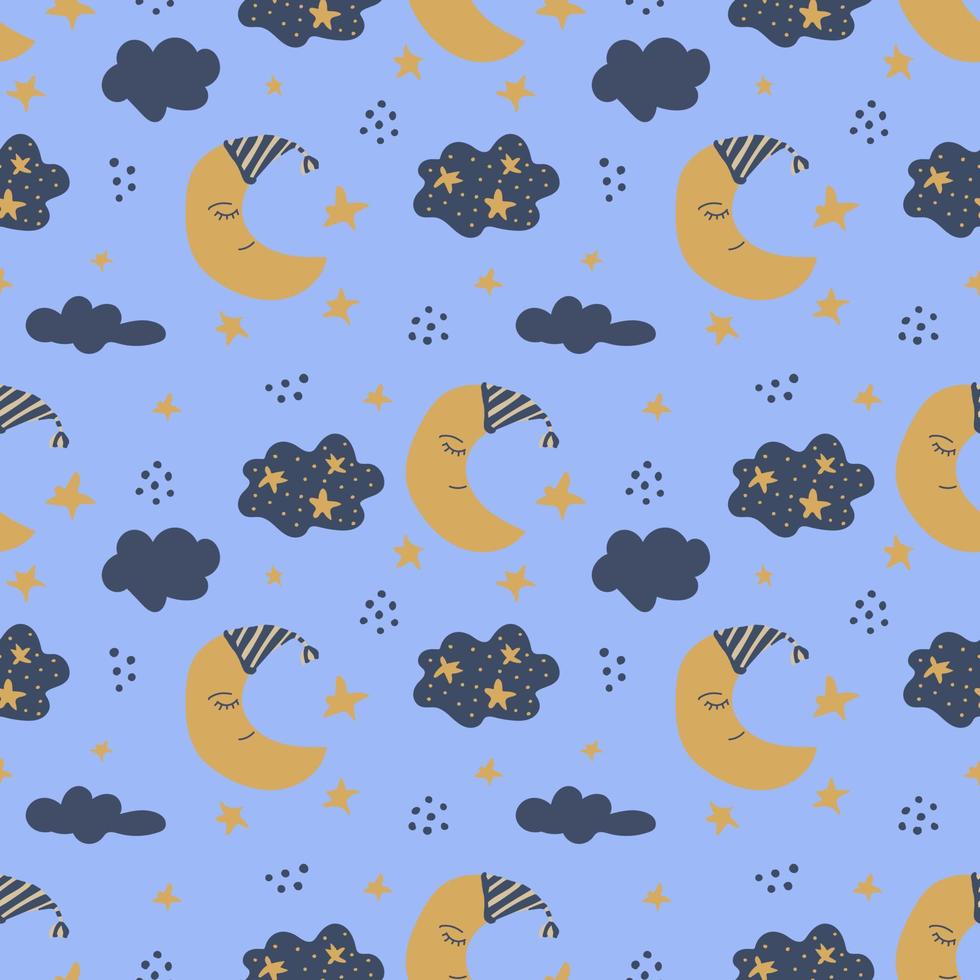 Dreaming yellow moon, cloud and stars seamless pattern. Funny nursery decor vector