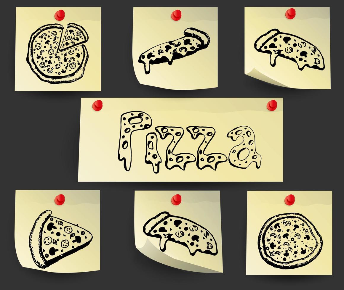 A set of paper stickers with drawings of whole pizza and slices. vector