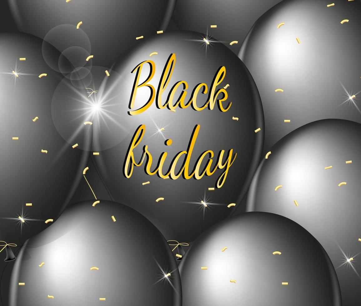 Black friday super sale. Gold lettering, confetti and black balloons design template vector