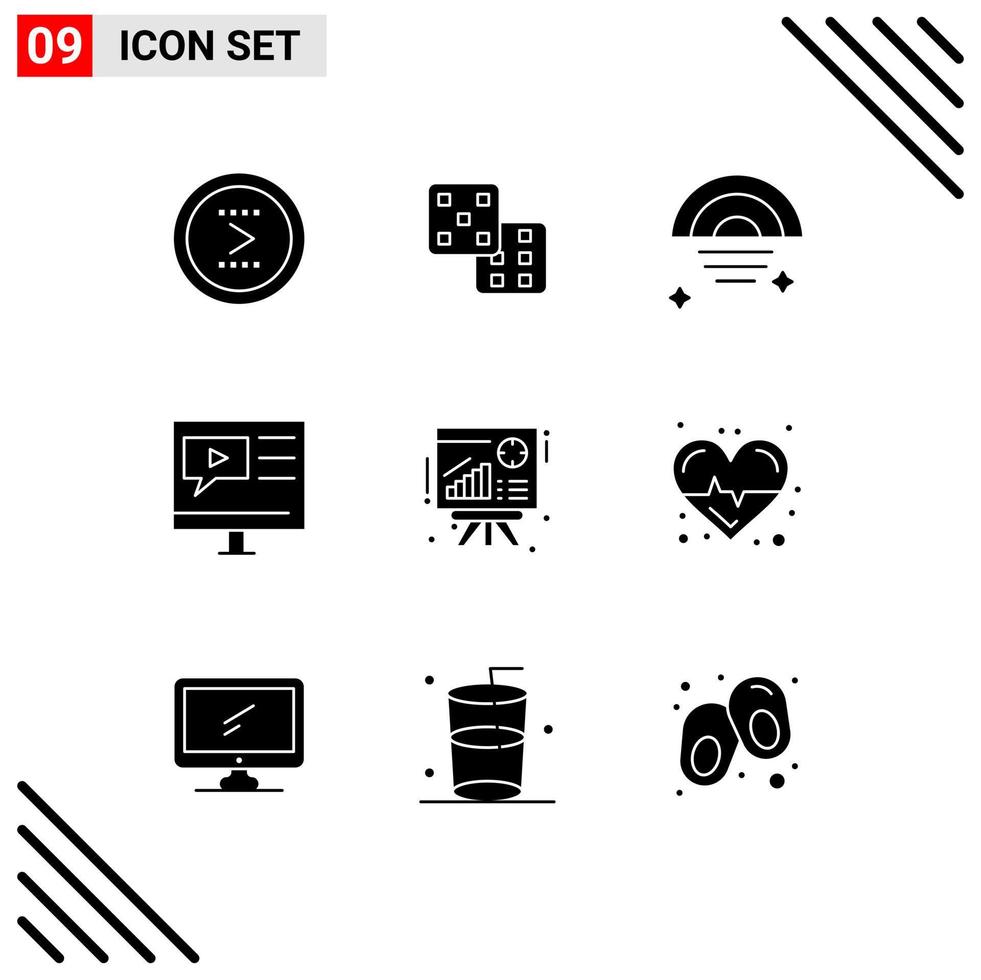 Modern Set of 9 Solid Glyphs Pictograph of graph tutorial rainbow multimedia education Editable Vector Design Elements