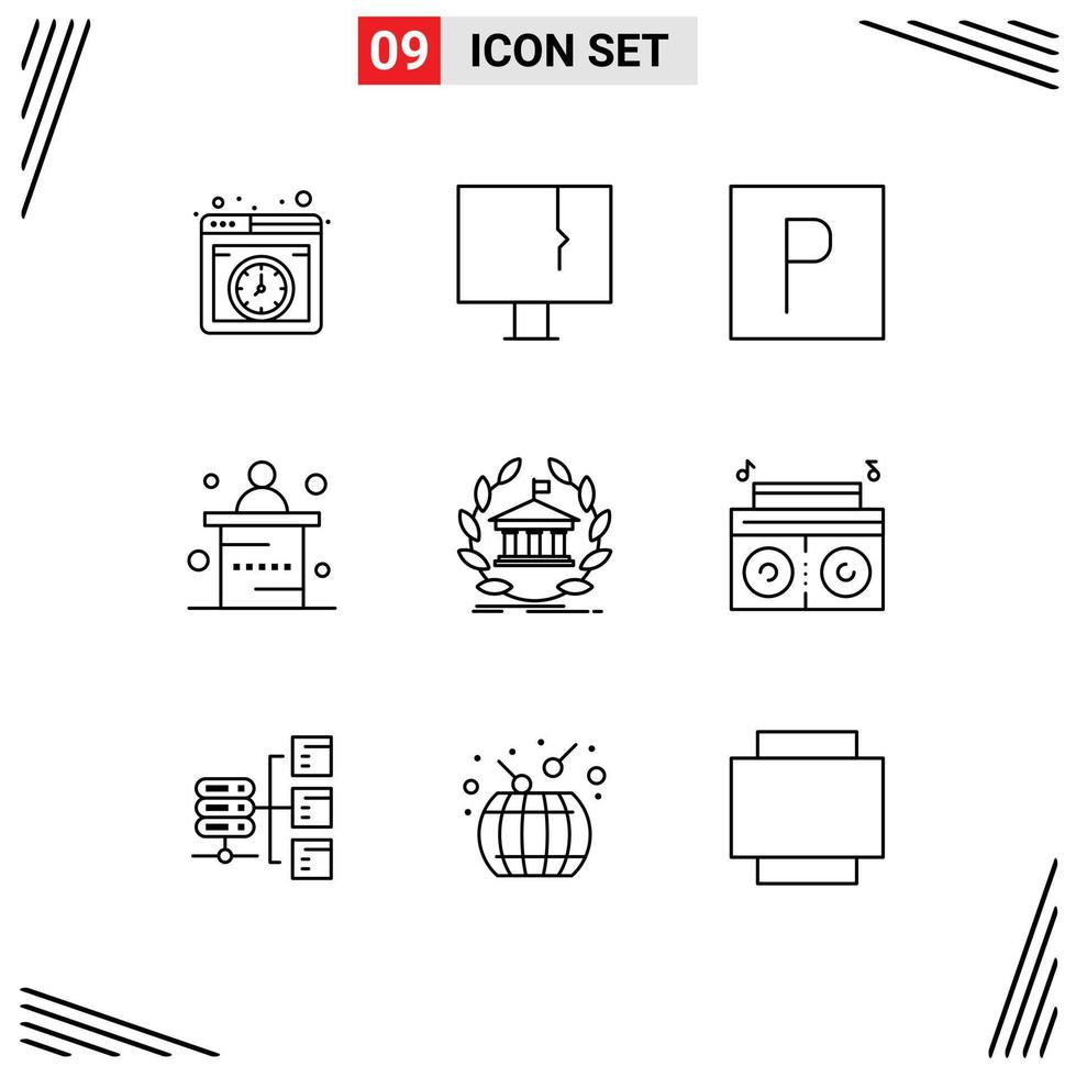 9 User Interface Outline Pack of modern Signs and Symbols of banking reception warning office desk Editable Vector Design Elements