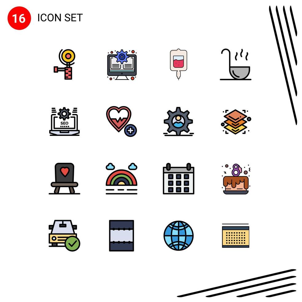 16 Universal Flat Color Filled Line Signs Symbols of setting laptop test seo ladle Editable Creative Vector Design Elements