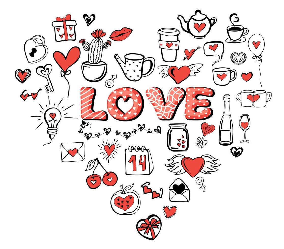 Doodle set elements of Valentine's Day and Wedding vector