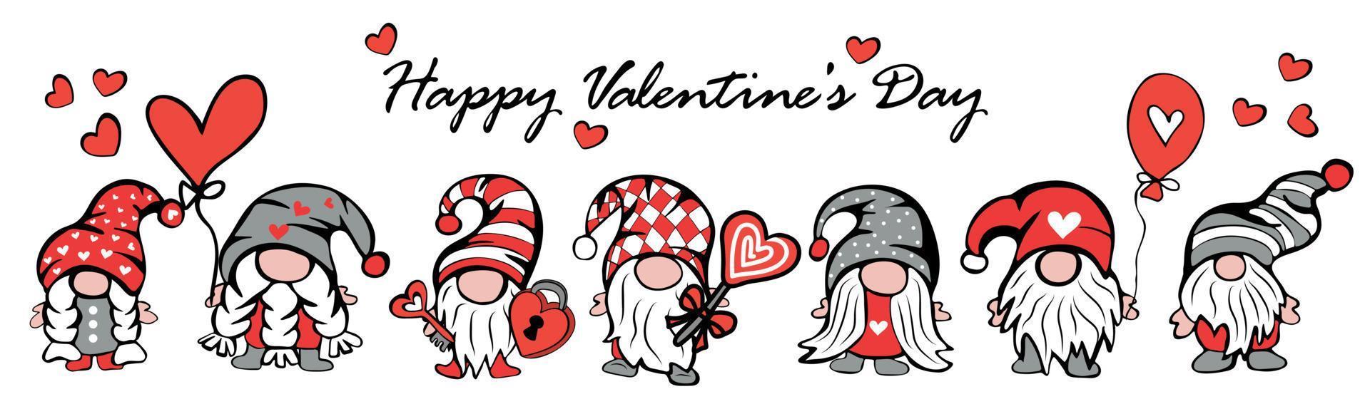 Set of cute gnomes for valentine day with hats, balloons and hearts vector