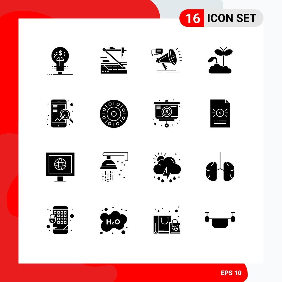 Mobile Interface Solid Glyph Set of 16 Pictograms of plant increase robotics growth promo Editable Vector Design Elements