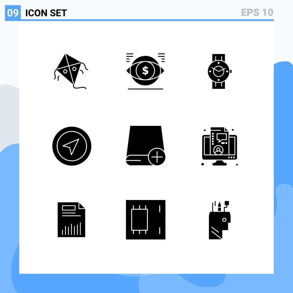 Group of 9 solid glyphs signs and symbols for add pointer watch map