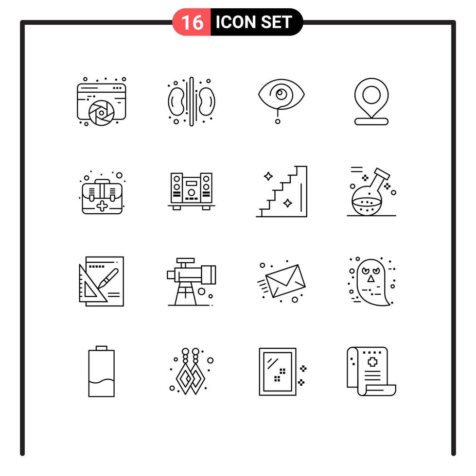 Modern Set of 16 Outlines Pictograph of pin map medical location knowledge Editable Vector Design Elements