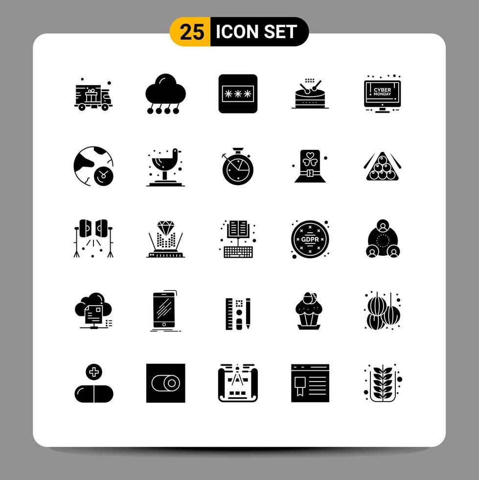 Set of 25 Vector Solid Glyphs on Grid for discount parade weather music drum Editable Vector Design Elements