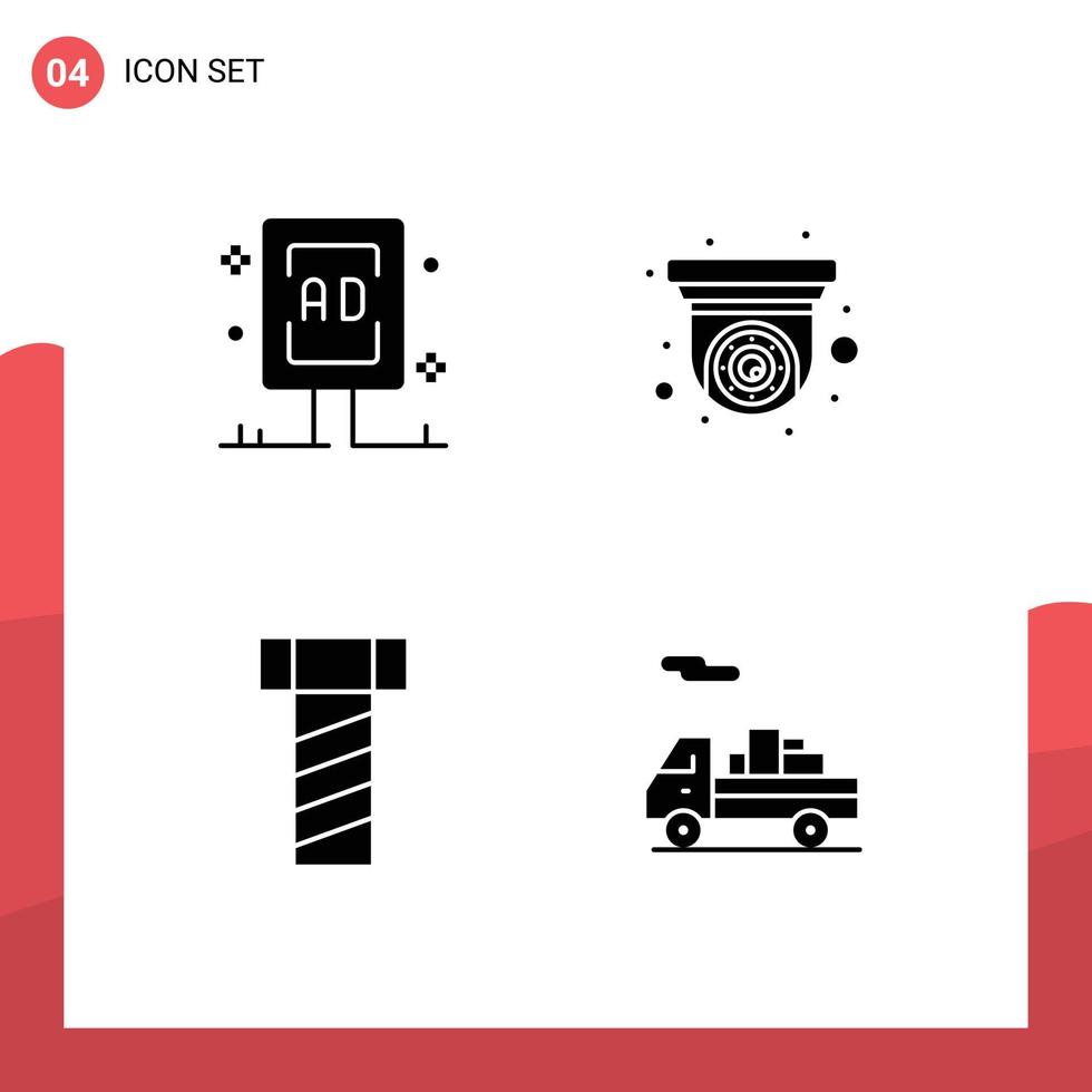 conjunto moderno de 4 glifos y símbolos sólidos, como elementos de diseño de vectores editables de entrega de cctv de campaña de pernos publicitarios