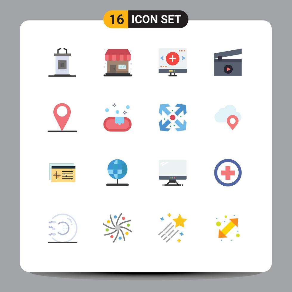 Modern Set of 16 Flat Colors Pictograph of pin gps find media film Editable Pack of Creative Vector Design Elements