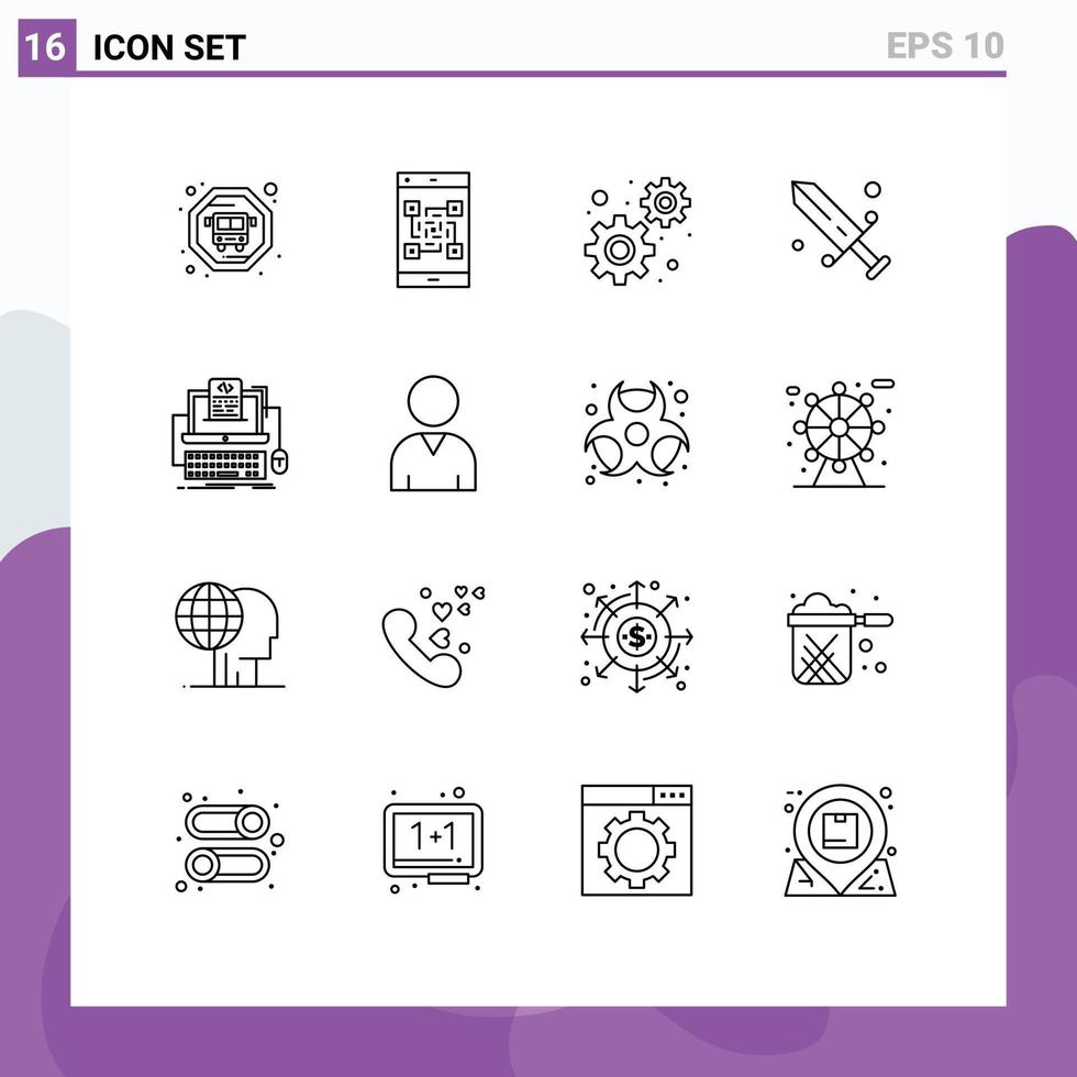 Pack of 16 Modern Outlines Signs and Symbols for Web Print Media such as monoblock coding gears code mask Editable Vector Design Elements