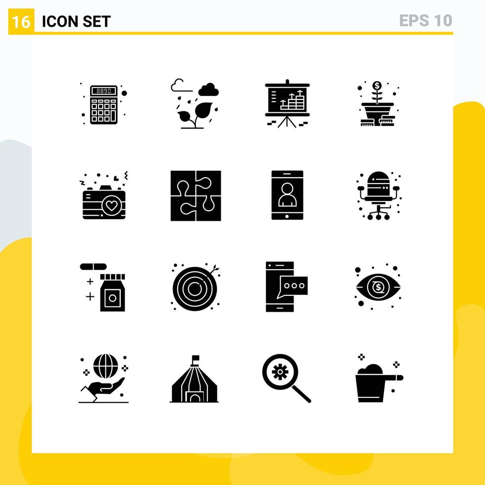 Group of 16 Solid Glyphs Signs and Symbols for camera tree analysis money projector Editable Vector Design Elements