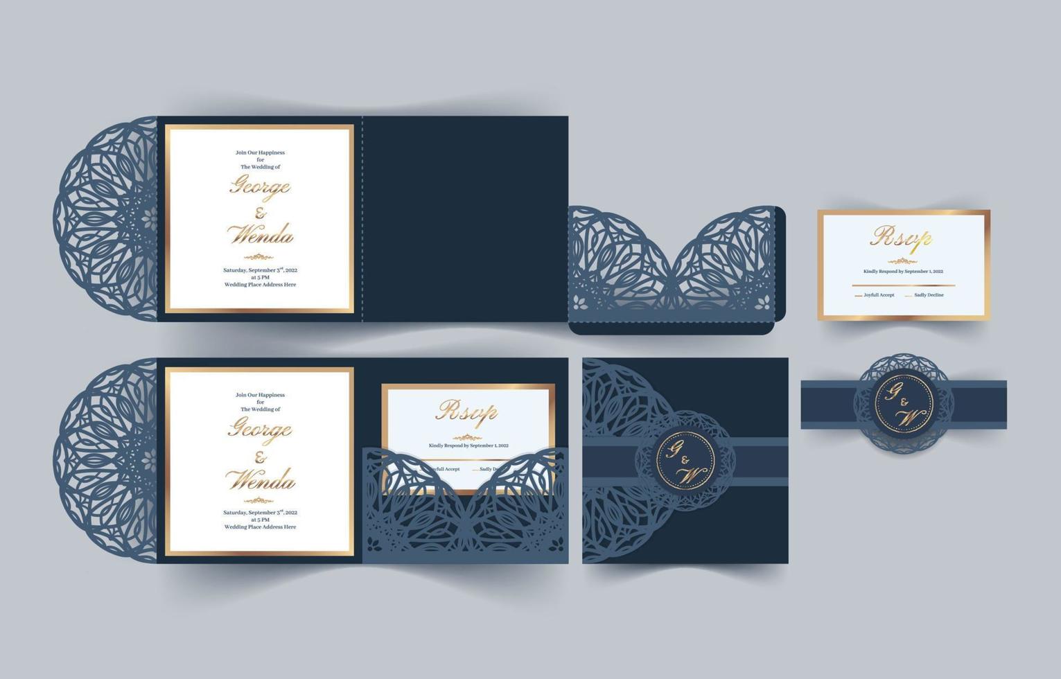 Papercut Wedding Invitation Set with Dark Blue Cover vector