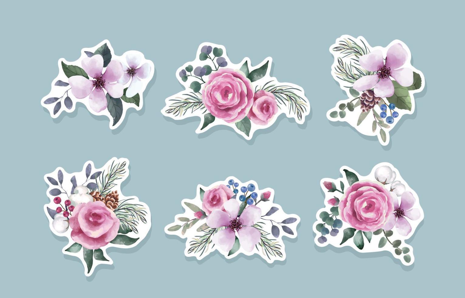 conjunto de pegatinas de cubo de flores de invierno en acuarela vector