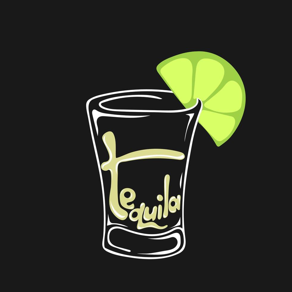 Hand drawn glass of tequila with lime and lettering text vector