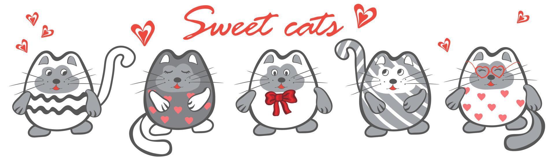 Set of sweet cats for valentine day with hearts vector