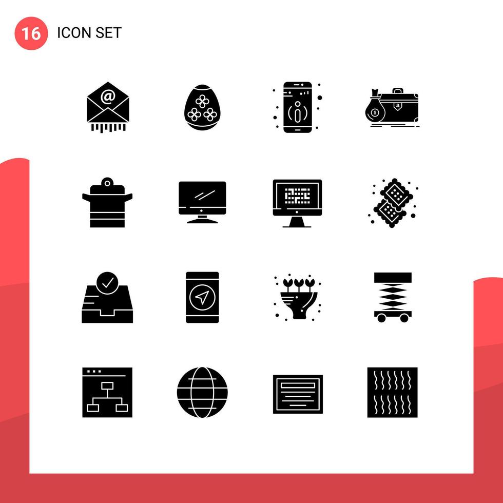 Mobile Interface Solid Glyph Set of 16 Pictograms of cooking portfolio detail open business Editable Vector Design Elements