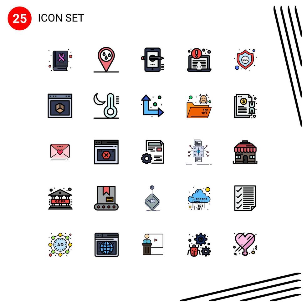 Filled line Flat Color Pack of 25 Universal Symbols of ssl protection mobile security antivirus Editable Vector Design Elements