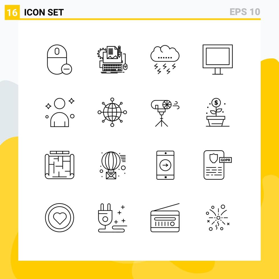 16 User Interface Outline Pack of modern Signs and Symbols of television appliances paper thunder lightning Editable Vector Design Elements