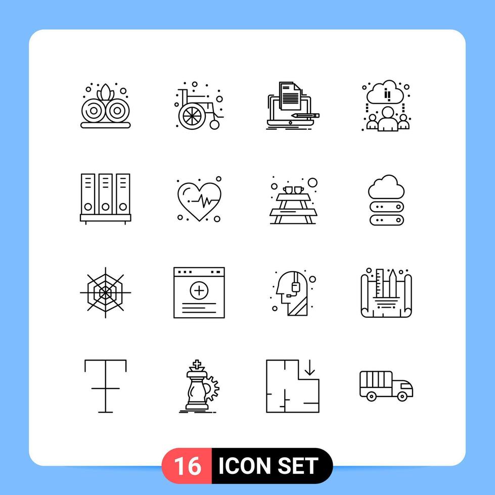 Group of 16 Outlines Signs and Symbols for document data computer archive learning Editable Vector Design Elements