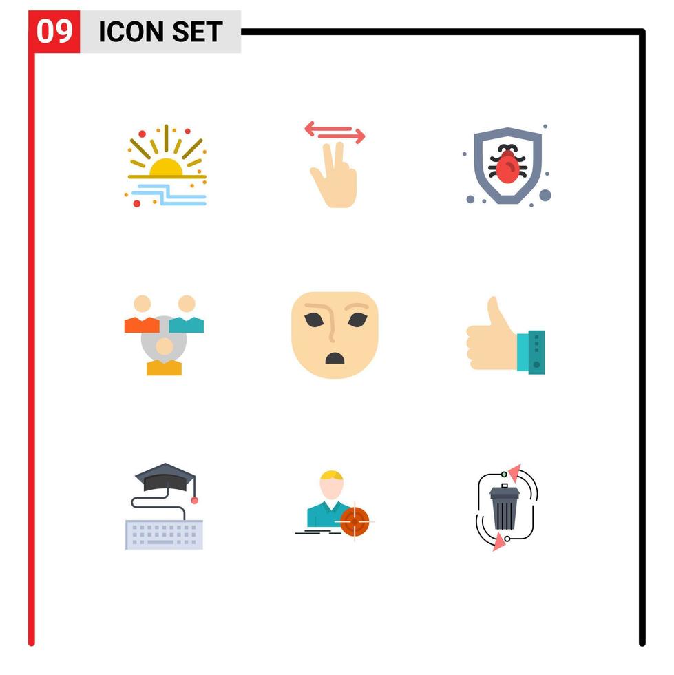 9 User Interface Flat Color Pack of modern Signs and Symbols of face angry bug communication meeting Editable Vector Design Elements