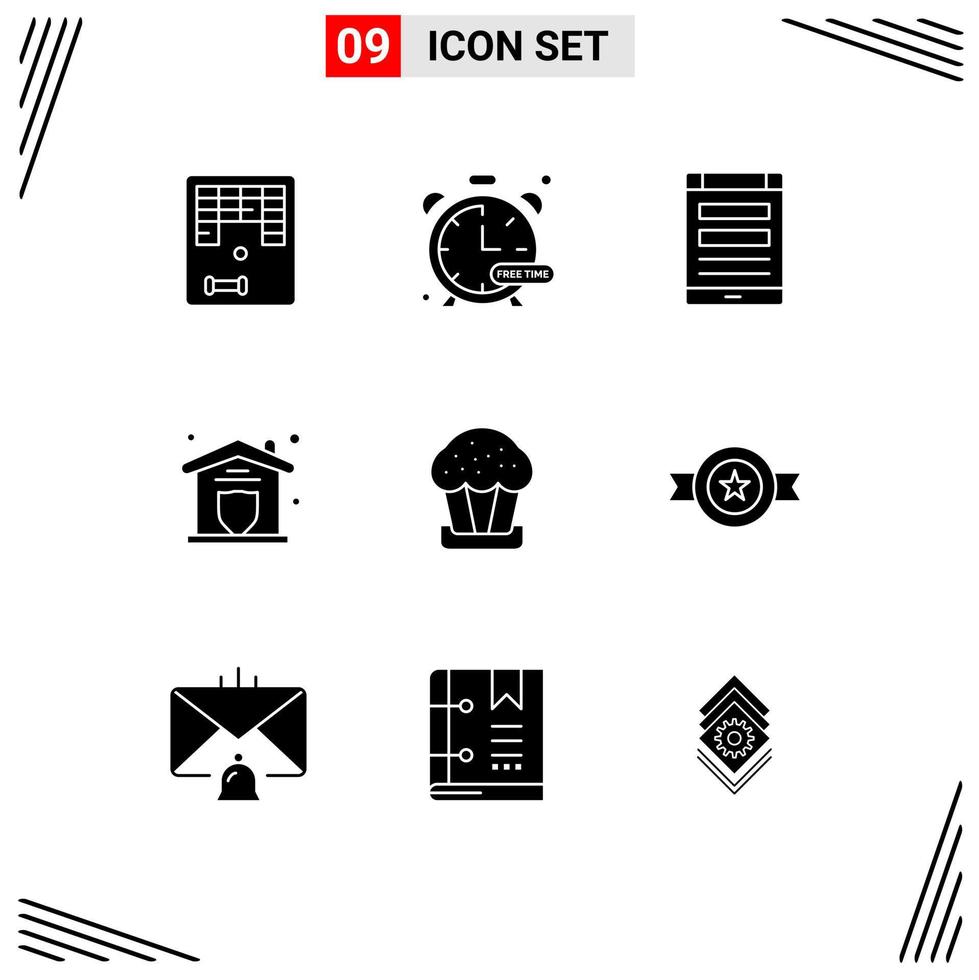 Group of 9 Solid Glyphs Signs and Symbols for cake security connection protection social media Editable Vector Design Elements