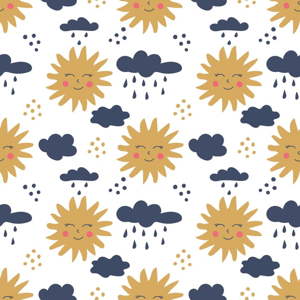 Smiling yellow sun and cloud with raindrops seamless pattern. Funny nursery decor vector