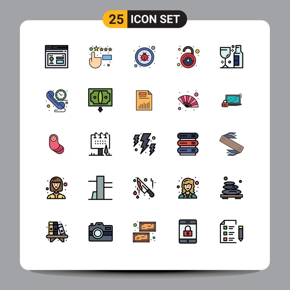 Filled line Flat Color Pack of 25 Universal Symbols of party alcohol fixing unsecured unlock Editable Vector Design Elements