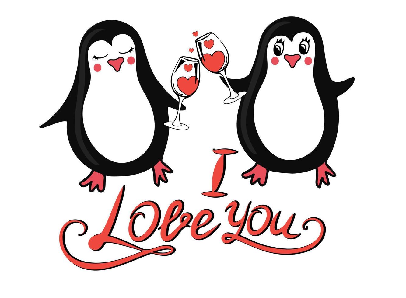 Cute penguins with wine glass and I love you text vector