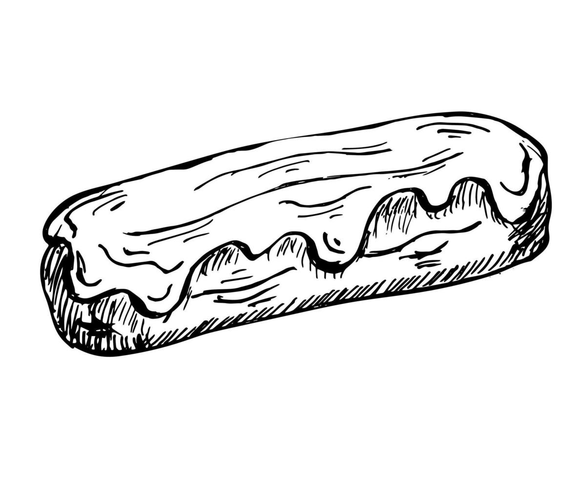 eclair hand drawn sketch isolated on white. vector illustration of sweet glazed french eclair