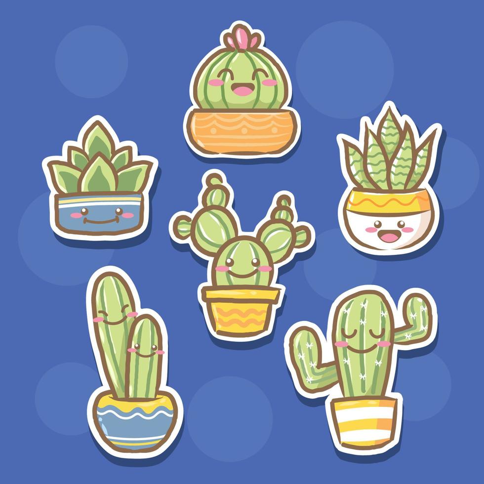 juego de pegatinas de cactus en estilo de dibujos animados con color pastel vector