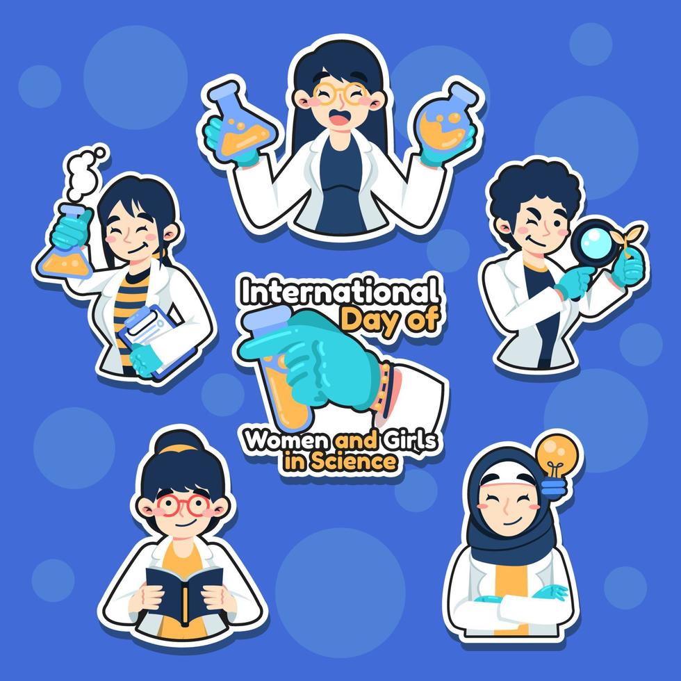 Cute Character of Women and Girl in Science Sticker Set vector
