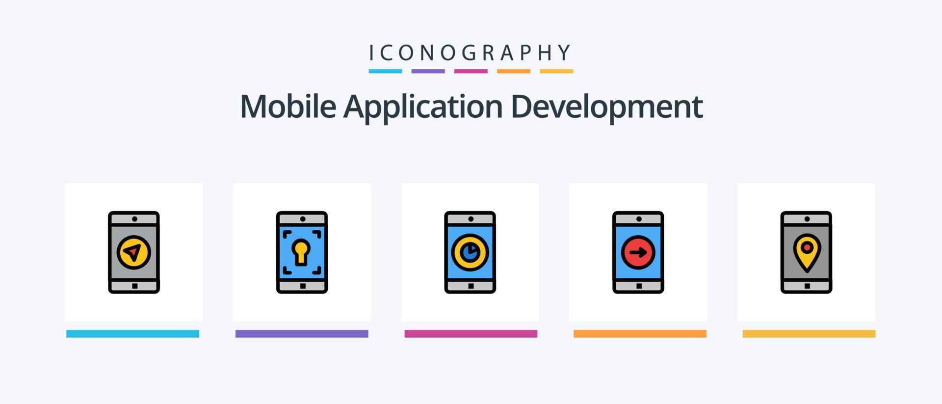 Mobile Application Development Line Filled 5 Icon Pack Including video. mobile. upload. application. like. Creative Icons Design vector