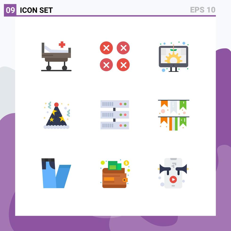 9 Thematic Vector Flat Colors and Editable Symbols of datacenter hat digital fun birthday Editable Vector Design Elements