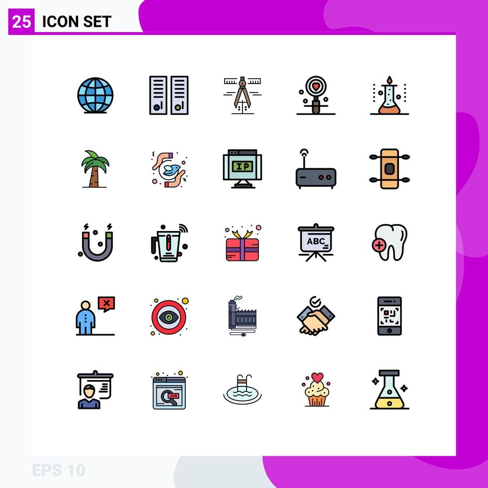 Modern Set of 25 Filled line Flat Colors and symbols such as laboratory search calipers love date Editable Vector Design Elements