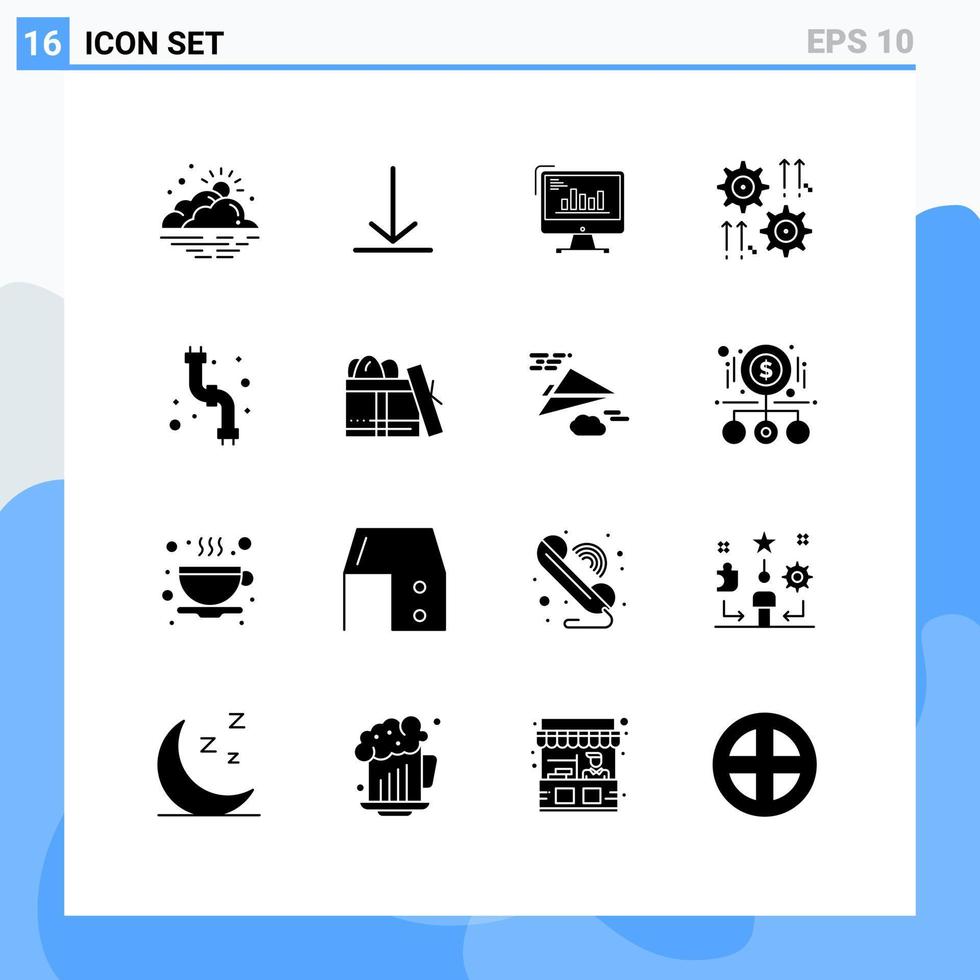 Modern Set of 16 Solid Glyphs and symbols such as cog setting chart trends diagram Editable Vector Design Elements