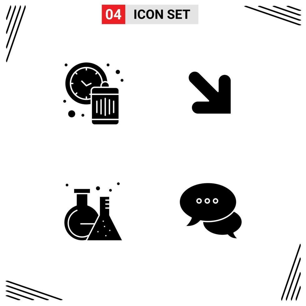 Solid Glyph Pack of 4 Universal Symbols of clock tube waste right bubble Editable Vector Design Elements