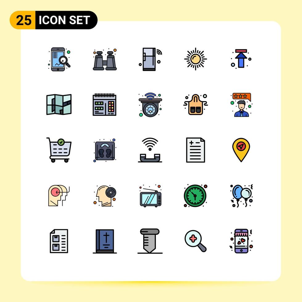 Universal Icon Symbols Group of 25 Modern Filled line Flat Colors of up arrow iot sun landscape Editable Vector Design Elements