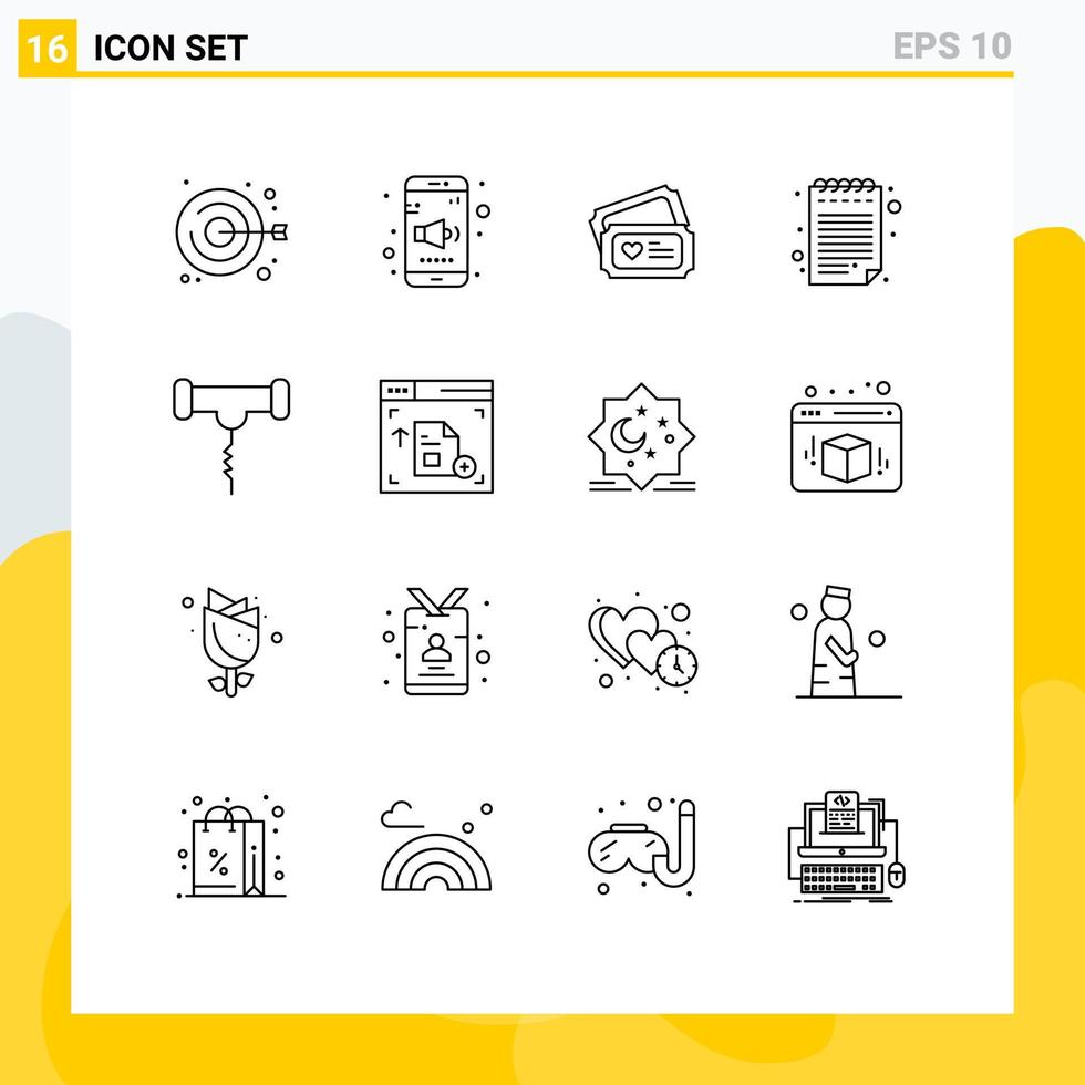 User Interface Pack of 16 Basic Outlines of stork food tecket drink note Editable Vector Design Elements