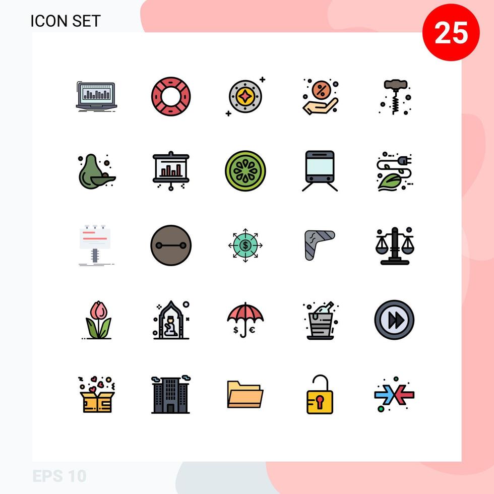 Pack of 25 Modern Filled line Flat Colors Signs and Symbols for Web Print Media such as shopping discount ui universe space Editable Vector Design Elements