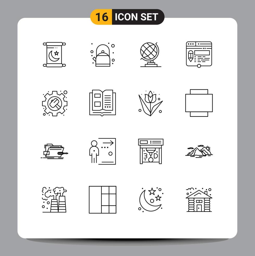 16 Thematic Vector Outlines and Editable Symbols of settings hammer globe gear website Editable Vector Design Elements