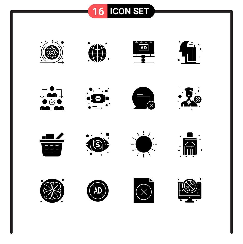 Mobile Interface Solid Glyph Set of 16 Pictograms of delegate pencile ad mind advertisment Editable Vector Design Elements