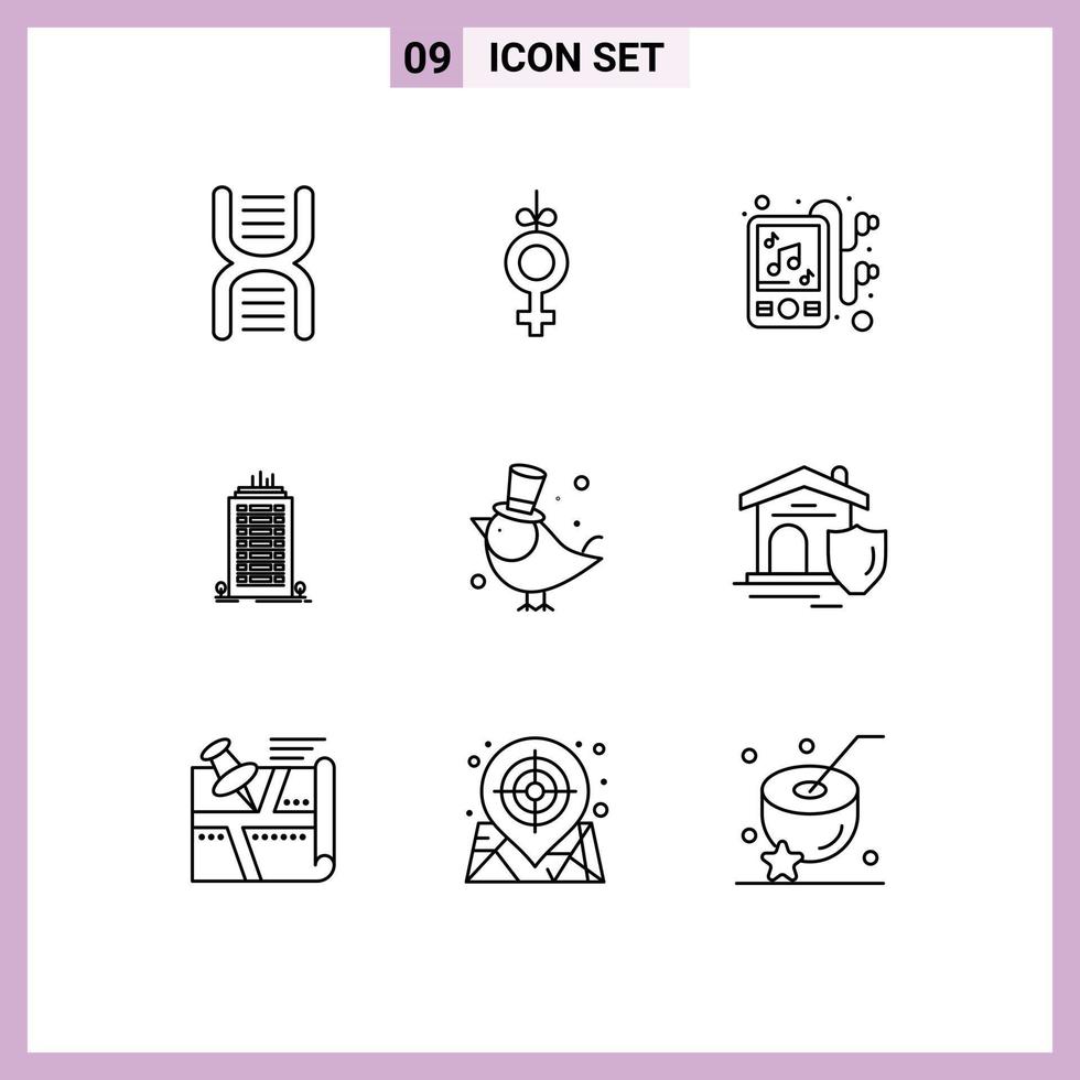 paquete de 9 signos y símbolos de contornos modernos para medios de impresión web, como elementos de diseño de vectores editables de la oficina de la torre del dispositivo de aves de compañía