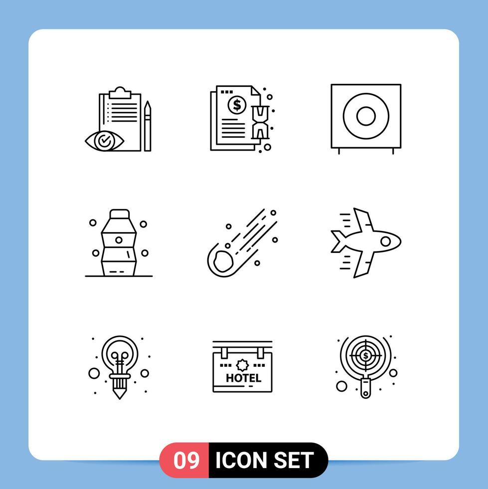 Modern Set of 9 Outlines and symbols such as food bottle notification subwoofer electronics Editable Vector Design Elements