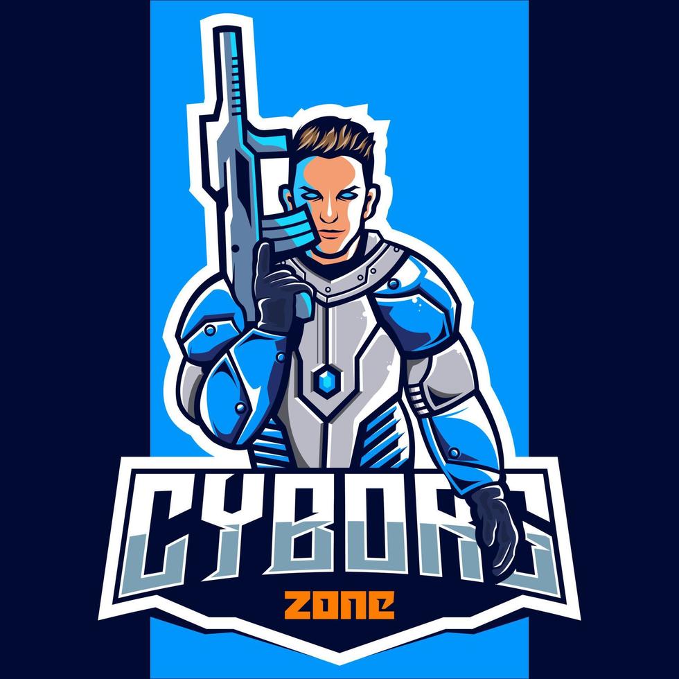 cyborg con diseño de logotipo de esport de mascota de pistola vector