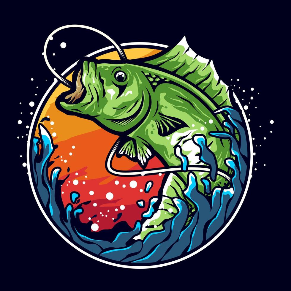 Bass fishing illustration logo design vector